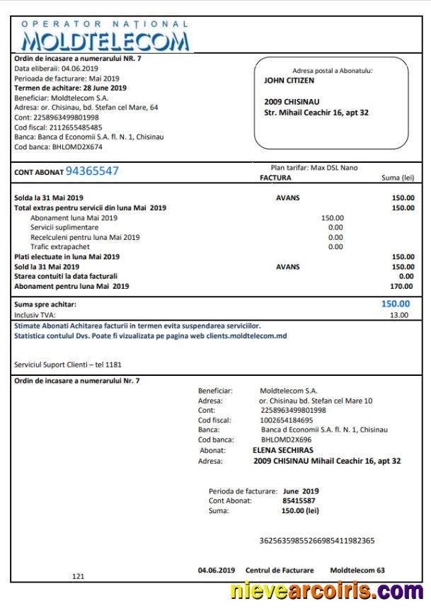 Moldova Moldtelecom utility bill